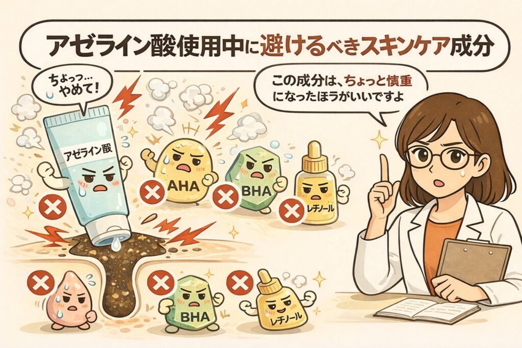 アゼライン酸使用中に避けたほうがよいスキンケア成分を解説するイラスト。アゼライン酸チューブと毛穴断面図の周囲に、AHA・BHA・レチノールなど刺激になりやすい成分を擬人化して配置し、併用時の注意点を白衣姿の女性が指差しで説明している。
