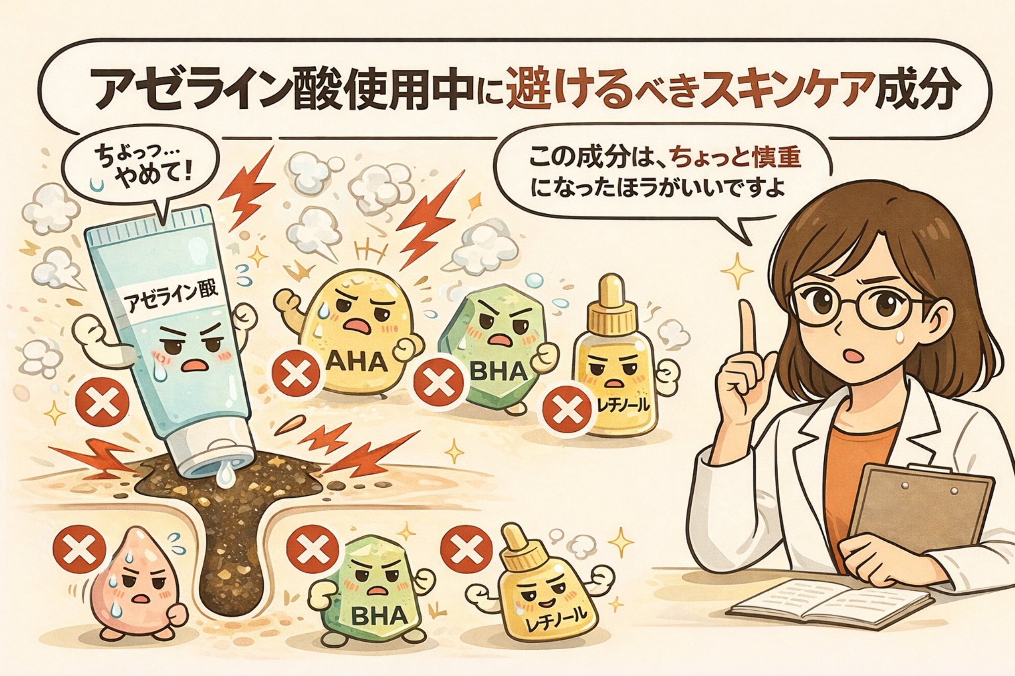 アゼライン酸使用中に避けたほうがよいスキンケア成分を解説するイラスト。アゼライン酸チューブと毛穴断面図の周囲に、AHA・BHA・レチノールなど刺激になりやすい成分を擬人化して配置し、併用時の注意点を白衣姿の女性が指差しで説明している。