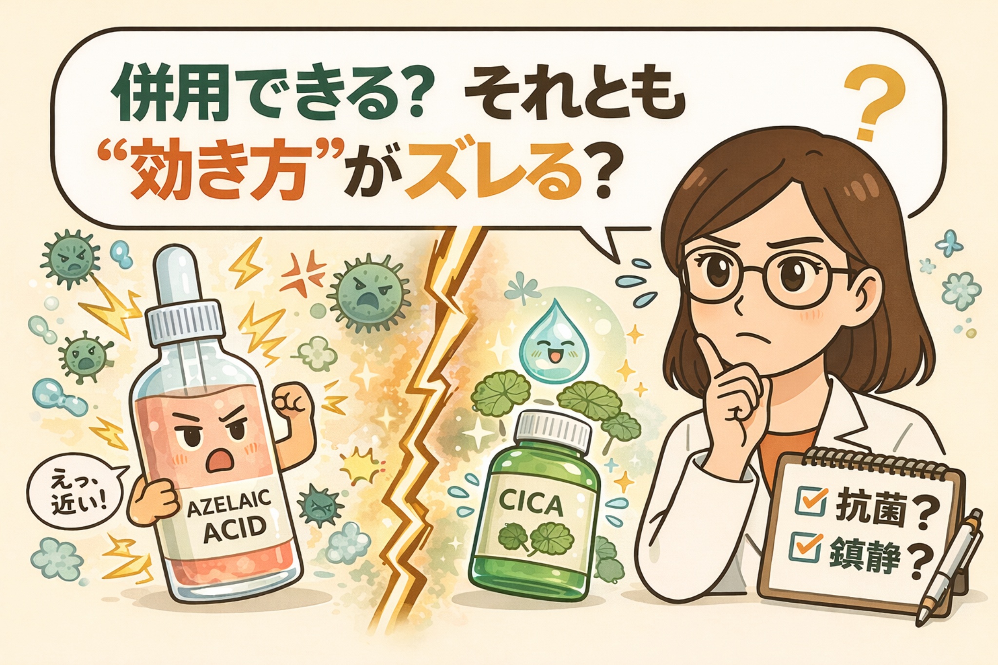 アゼライン酸とCICA（ツボクサエキス）の併用について、「一緒に使えるのか」「効き方がズレる可能性はあるのか」を示した図解イラスト。左側には刺激感を連想させる稲妻や菌のアイコンとともに、怒った表情のアゼライン酸ボトルの擬人化キャラクターが描かれている。右側には鎮静や保湿を象徴する葉と水滴に囲まれたCICAボトルの擬人化キャラクターが配置され、中央には両者を分ける演出がある。さらに白衣を着た女性の専門家がチェックリストを持ち、「抗菌？」「鎮静？」と考え込む様子が描かれ、併用時の役割や作用の違いを視覚的に整理している。