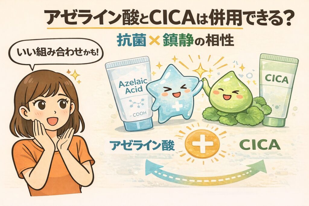 アゼライン酸とCICA（ツボクサエキス）の併用可否を解説したイラスト。抗菌作用を持つアゼライン酸と、肌を鎮静するCICAの組み合わせを、擬人化キャラクターとチューブ容器で表現し、ニキビや肌荒れケアにおける相性の良さをわかりやすく示している。
