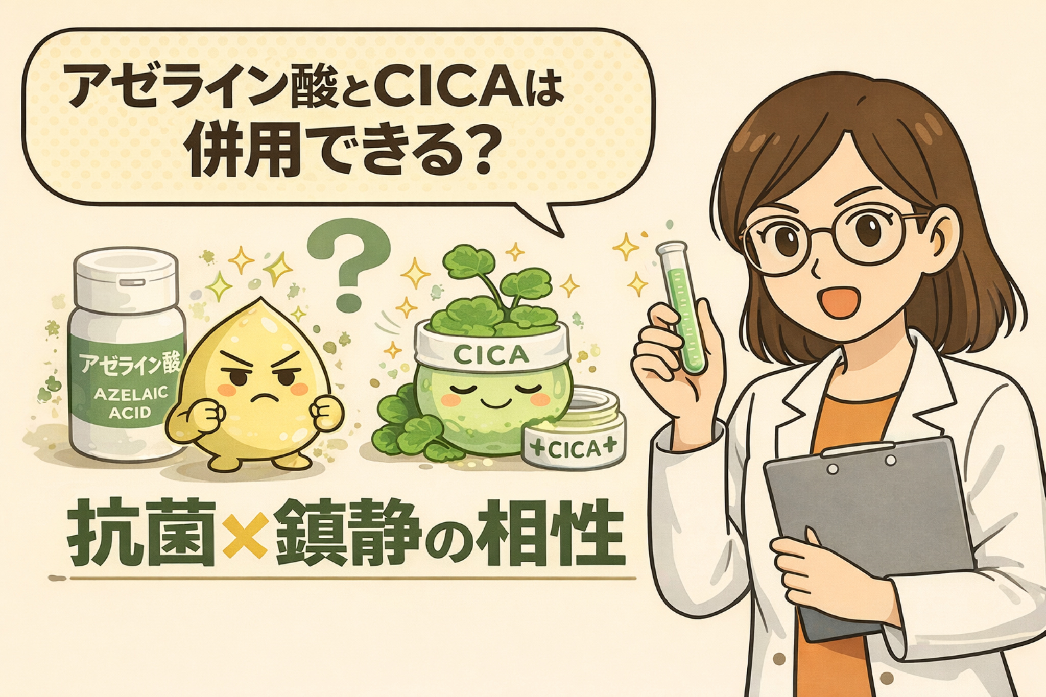 アゼライン酸とCICAは併用できるのかを解説した図解イラスト。抗菌作用を持つアゼライン酸と、肌を鎮静させるCICAの役割を対比し、相性の良さを研究者役の女性と擬人化キャラクターで表現している。