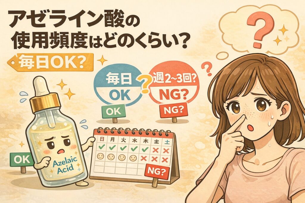 アゼライン酸の使用頻度について悩む女性を描いたイラスト。スポイト付きのアゼライン酸美容液のボトルが擬人化され、「毎日OK？」「週2〜3回はNG？」と書かれたカレンダーやOK・NGのサインとともに、アゼライン酸はどのくらいの頻度で使うべきかを分かりやすく問いかけている。