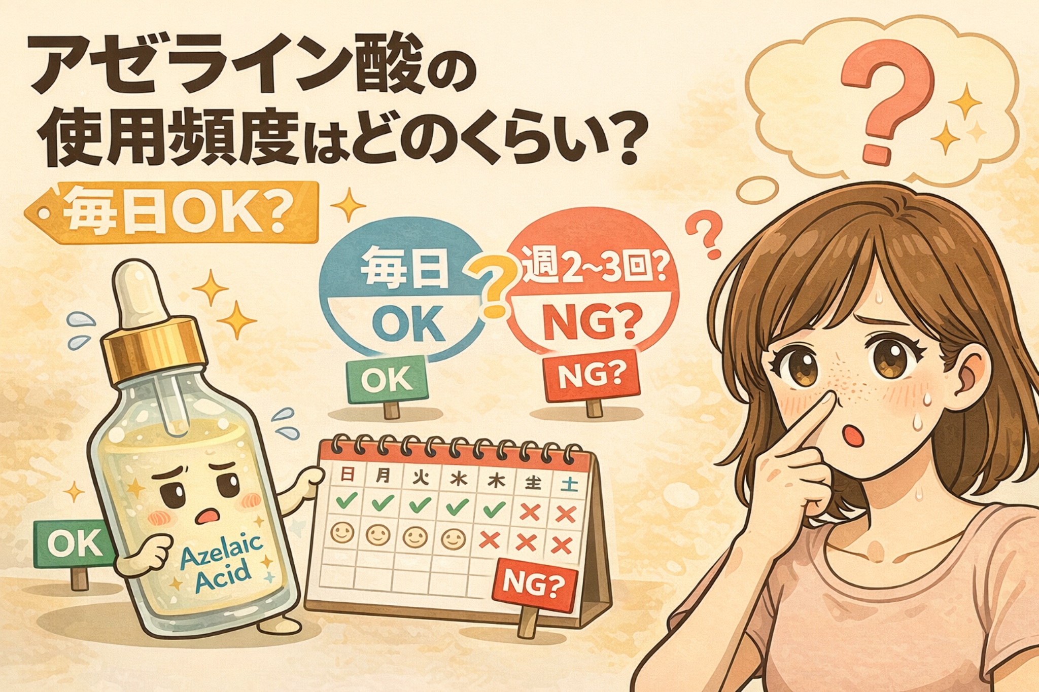 アゼライン酸の使用頻度について悩む女性を描いたイラスト。スポイト付きのアゼライン酸美容液のボトルが擬人化され、「毎日OK？」「週2〜3回はNG？」と書かれたカレンダーやOK・NGのサインとともに、アゼライン酸はどのくらいの頻度で使うべきかを分かりやすく問いかけている。