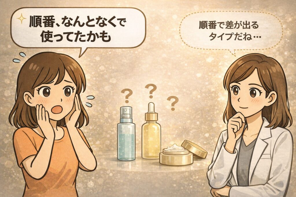 アゼライン酸を使う順番に迷う女性と、白衣で眼鏡の女性が向かい合って考えるイラスト。中央には導入液・美容液・クリームが並び、「順番、なんとなくで使ってたかも」という吹き出しとともに、重ねる順で効果に差が出ることを示唆しているアイキャッチ構図。