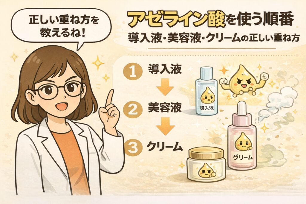 白衣と眼鏡をかけた女性キャラクター（ちふゆ）が指差しで解説している、アゼライン酸スキンケアの正しい使用順を示したイラスト。導入液→美容液→クリームの順番が番号付きで表示され、アゼライン酸の擬人化キャラクターと各スキンケア容器が並んでいる、やさしいベージュ背景の図解。