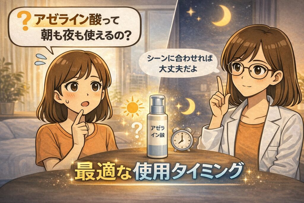 アゼライン酸は朝も夜も使えるのか悩む女性と、白衣を着た眼鏡の女性が「シーンに合わせれば大丈夫」と説明するイラスト。中央にはアゼライン酸のボトルが描かれ、太陽と月のアイコンが配置されており、朝夜それぞれの使用タイミングを考える必要があることを示すアイキャッチ。
