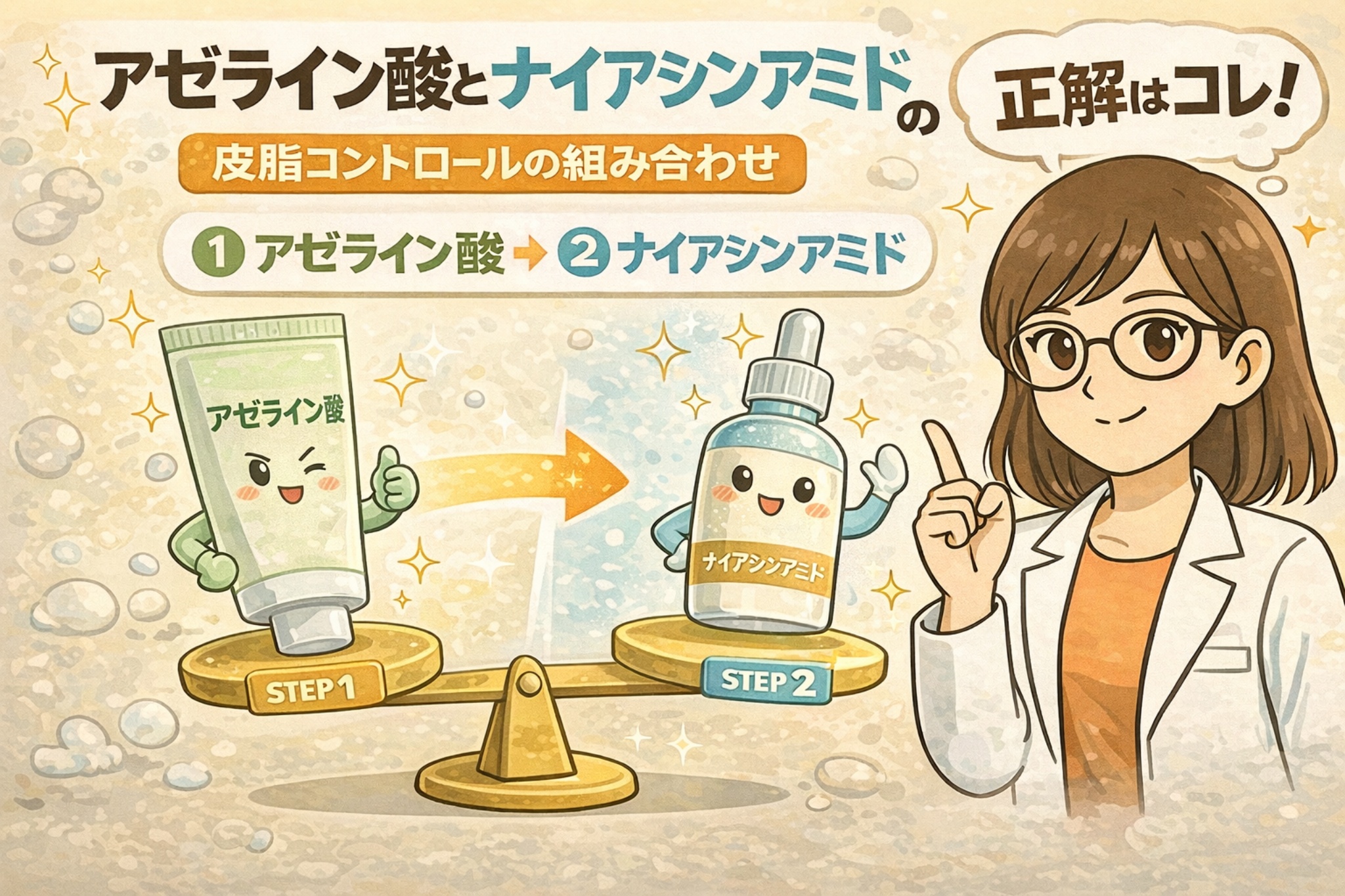 アゼライン酸とナイアシンアミドを併用する正しい順番を解説したイラスト。天秤の左にアゼライン酸（STEP1）、右にナイアシンアミド（STEP2）の擬人化ボトルが配置され、矢印で「アゼライン酸→ナイアシンアミド」の順番が示されている。白衣と眼鏡の女性キャラクターが指差しで「正解はコレ！」と説明する、皮脂コントロールの組み合わせを示した淡いベージュ背景の図解。