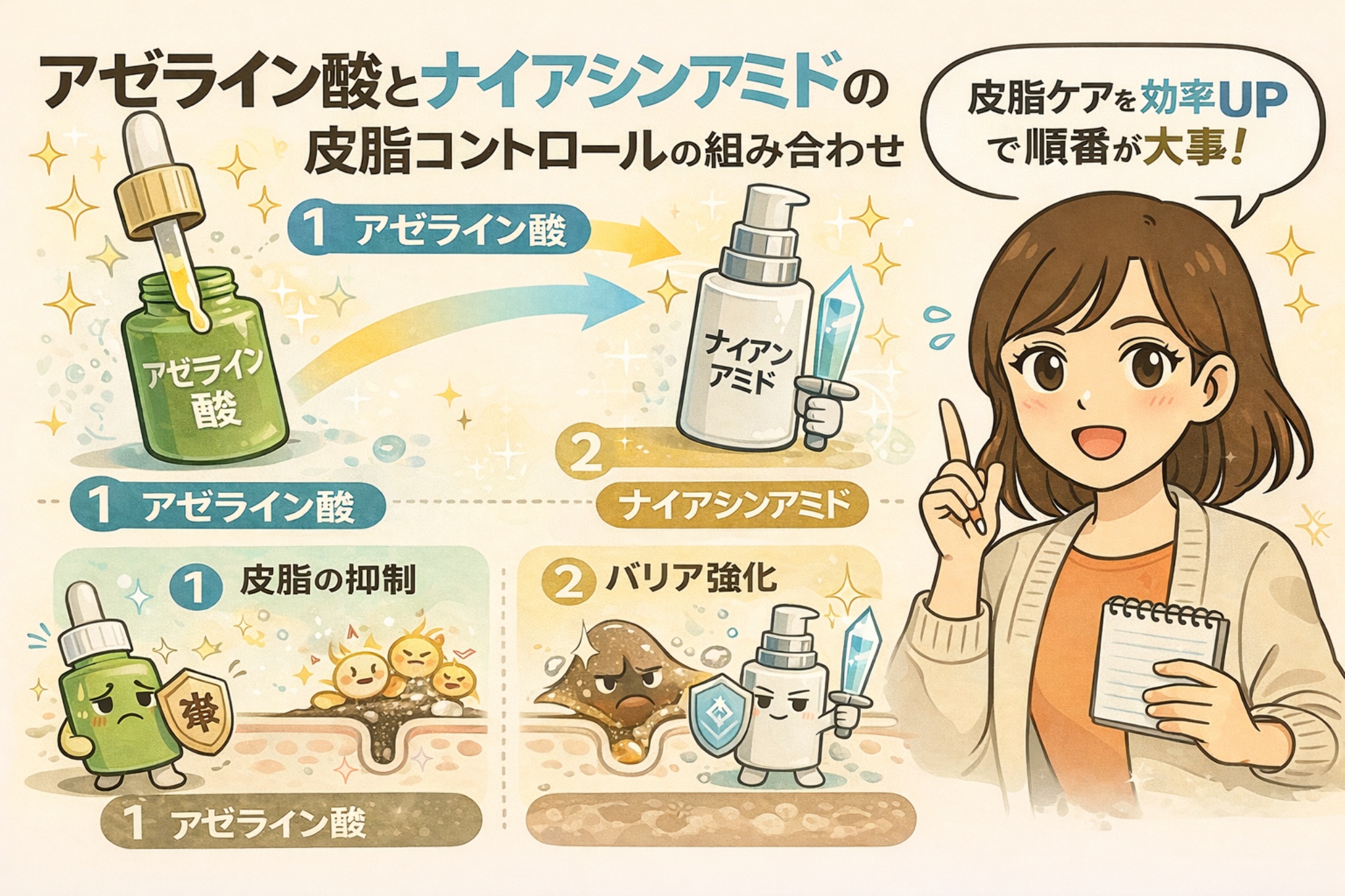 アゼライン酸とナイアシンアミドを組み合わせた皮脂コントロールの考え方を解説した図解イラスト。アゼライン酸による皮脂抑制と、ナイアシンアミドによるバリア機能サポートを、使用順と役割ごとに毛穴断面図や擬人化キャラクターでわかりやすく示している。