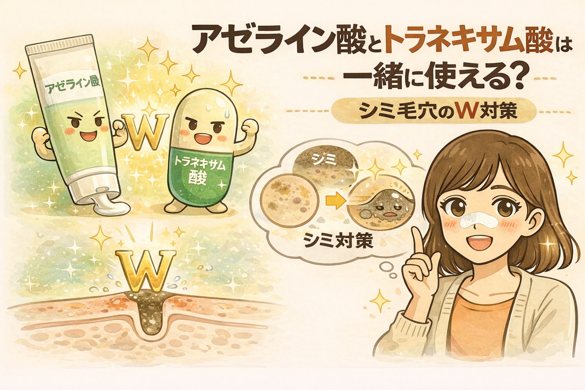 アゼライン酸とトラネキサム酸を一緒に使えるかを、擬人化した成分キャラクターと毛穴断面図で解説したイラスト。シミや毛穴に対するW対策としての考え方や、併用時のポイントをやさしく視覚的に示している。