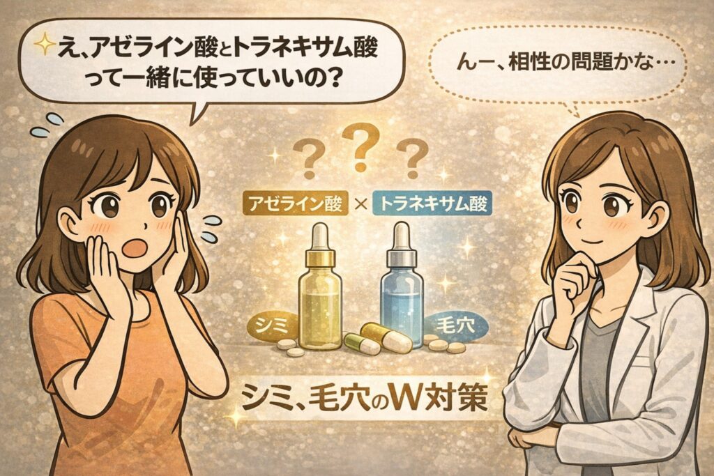 アゼライン酸とトラネキサム酸を一緒に使ってよいのか悩む女性と、白衣で眼鏡の女性が考えながら説明するイラスト。中央にはアゼライン酸とトラネキサム酸のボトルが並び、「シミ」「毛穴」のラベル付きでW対策を示唆。相性や併用可否を問いかけるアイキャッチ構図。