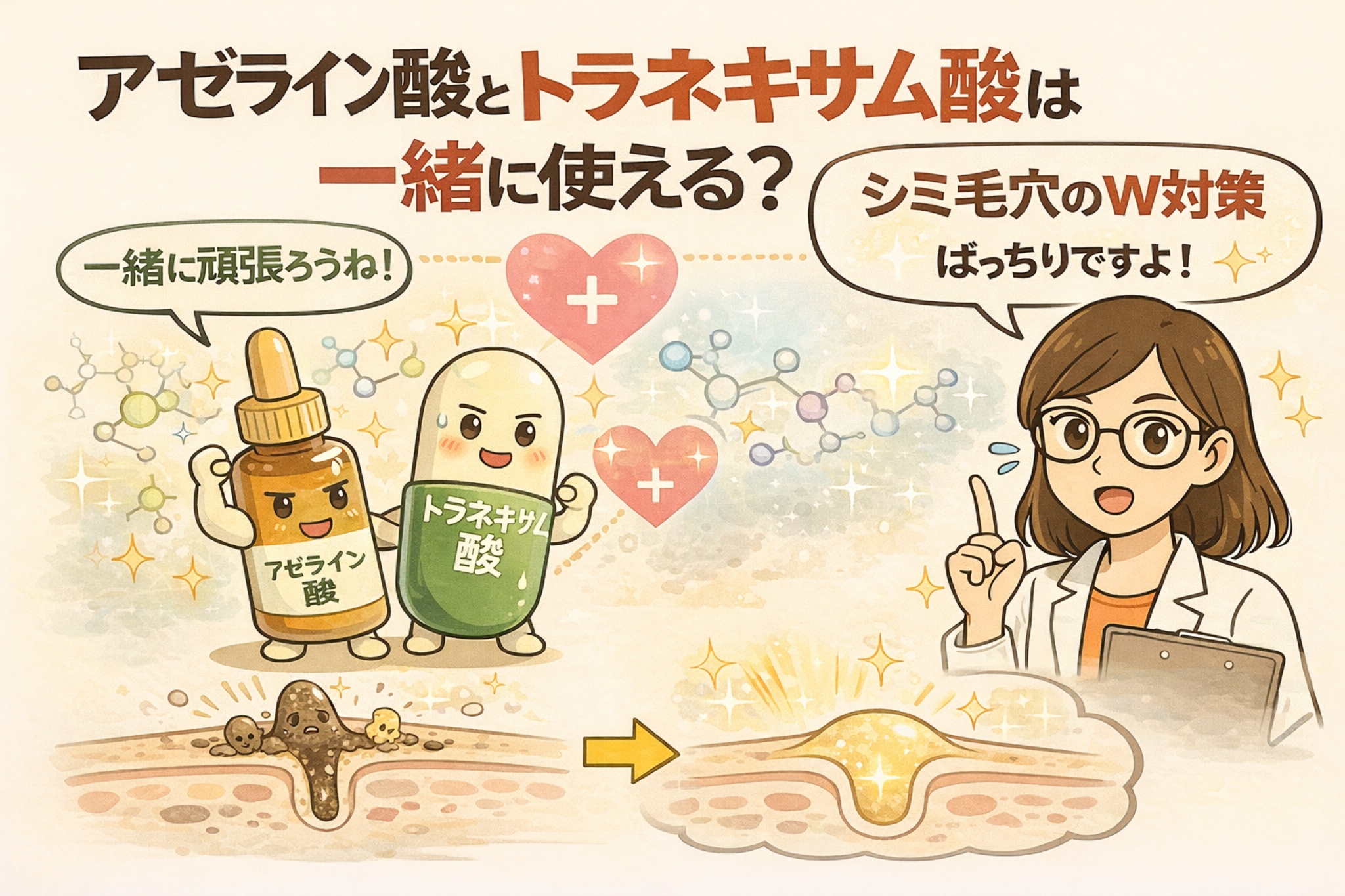 アゼライン酸とトラネキサム酸は一緒に使えるのかを、擬人化した成分キャラクターと毛穴断面図で解説したイラスト。シミと毛穴へのW対策としての併用イメージを示し、成分同士が協力して肌環境を整える考え方をやさしく視覚的に伝えている。