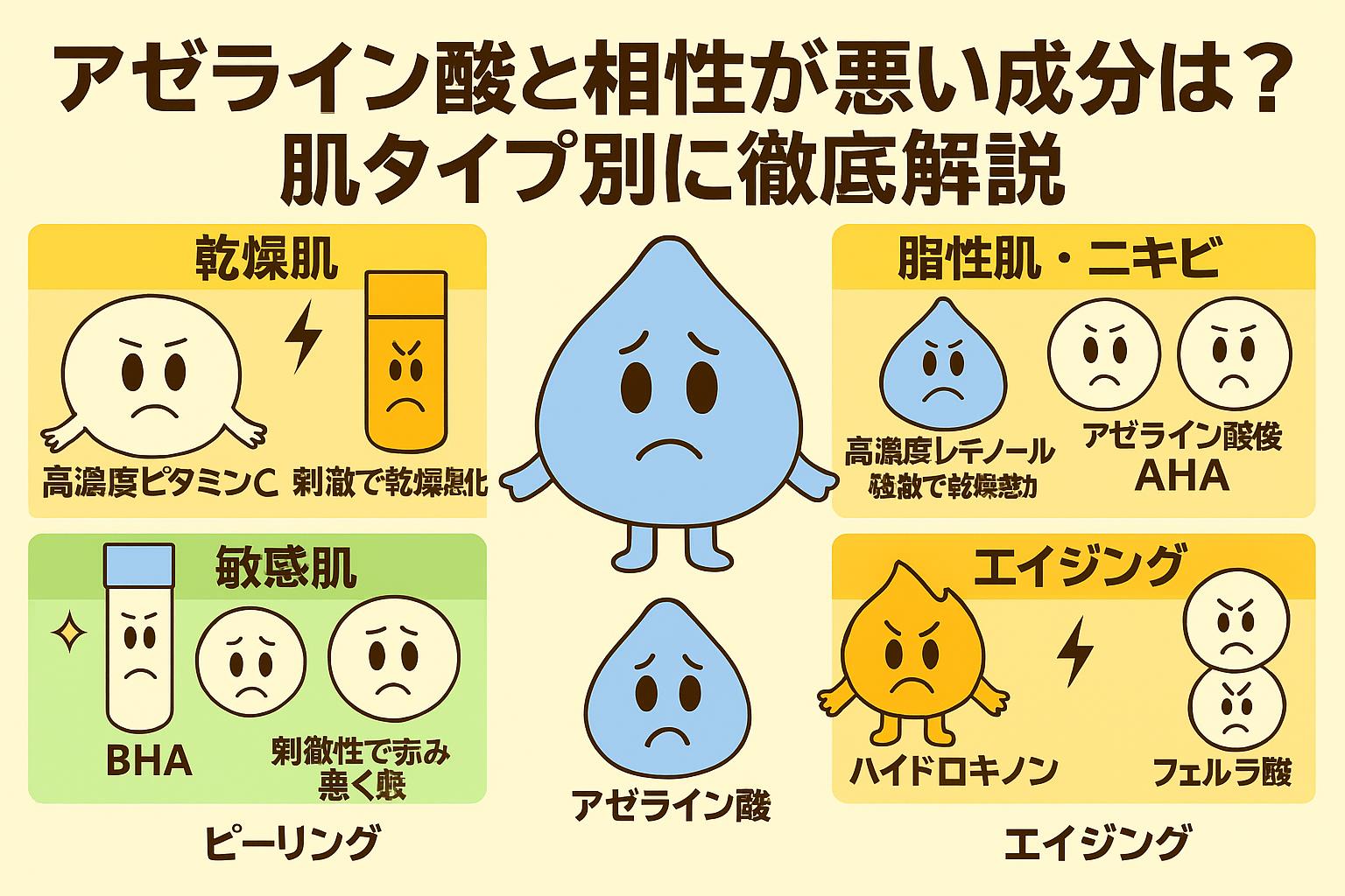 アゼライン酸と相性が悪い成分を肌タイプ別に解説した日本語インフォグラフィック。乾燥肌＝高濃度ビタミンC・レチノール、脂性肌・ニキビ＝アゼライン酸高濃度・AHA、敏感肌＝BHA・ピーリング酸、エイジング＝ハイドロキノン・フェルラ酸。中央に困った顔のアゼライン酸キャラクターが描かれている。