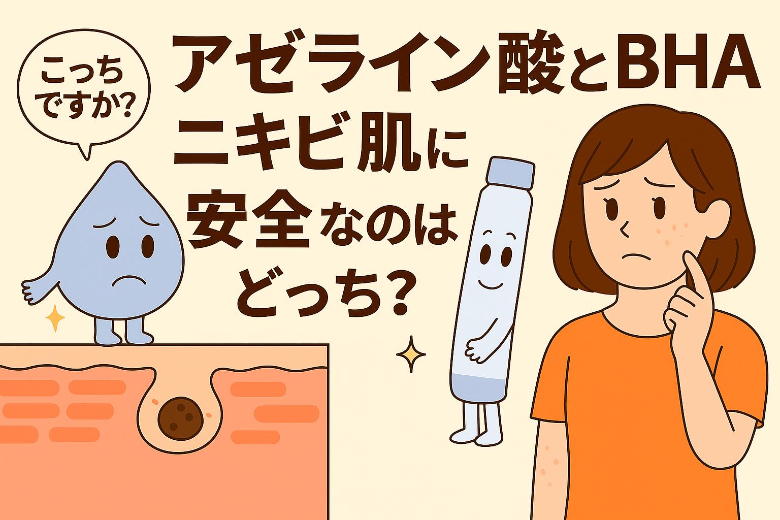 アゼライン酸（水色のしずく型キャラ）とBHA（白いボトル型キャラ）が、ニキビ肌に安全なのはどちらかを女性が悩むシーンを描いたイラスト。毛穴断面図にはニキビを象徴する黒い詰まりが表現されている。