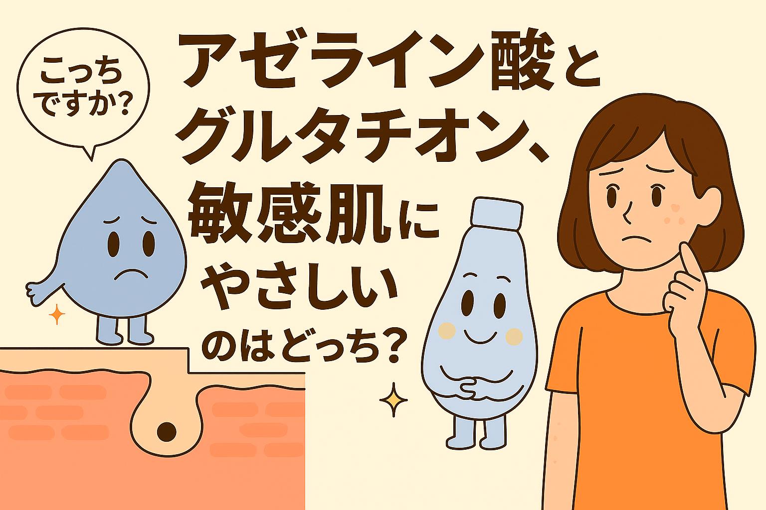 アゼライン酸（水色のしずく型キャラ）とグルタチオン（ボトル型キャラ）が、敏感肌にやさしいのはどちらかを女性が悩むシーンを描いたイラスト。毛穴断面図を背景に、2つの成分キャラの表情を対比的に表現している。