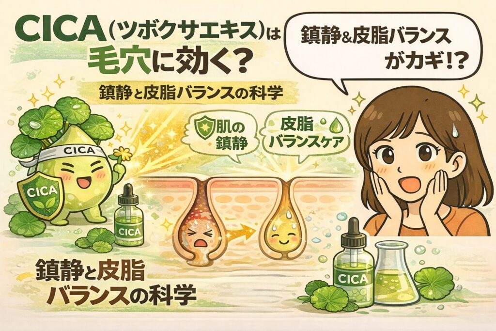 CICA（ツボクサエキス）は毛穴に効くのかを、鎮静と皮脂バランスの科学から解説するイラスト。炎症を落ち着かせるCICAの働きと、皮脂バランスが整うことで毛穴状態が安定する流れを、擬人化キャラクターと毛穴断面図、安心した表情の女性でわかりやすく表現している。