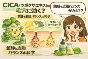 CICA（ツボクサエキス）は毛穴に効くのかを、鎮静と皮脂バランスの科学から解説するイラスト。炎症を落ち着かせるCICAの働きと、皮脂バランスが整うことで毛穴状態が安定する流れを、擬人化キャラクターと毛穴断面図、安心した表情の女性でわかりやすく表現している。