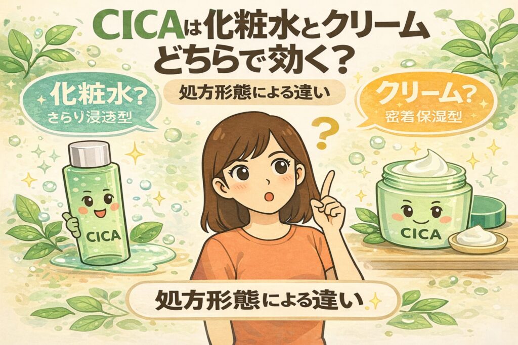 CICA成分は化粧水とクリームのどちらで効くのかを解説するイラスト。中央で考える女性の左右に、さっぱり浸透型のCICA化粧水ボトルと、密着保湿型のCICAクリーム容器が描かれている。処方形態による使用感や働きの違いを示し、肌悩みや目的に応じて選ぶ重要性をわかりやすく伝えるビジュアル。