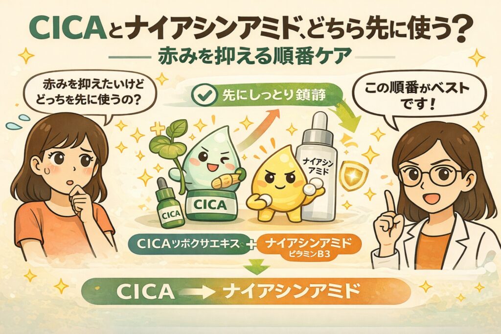 CICAとナイアシンアミドをどちら先に使うべきかを、赤みケアの順番として解説するイラスト。CICA（ツボクサエキス）で先に肌を鎮静し、その後ナイアシンアミド（ビタミンB3）で整える流れを、擬人化キャラクターと矢印でわかりやすく示している。敏感肌や赤みが出やすい肌向けのスキンケア順序を説明する美容成分解説画像。