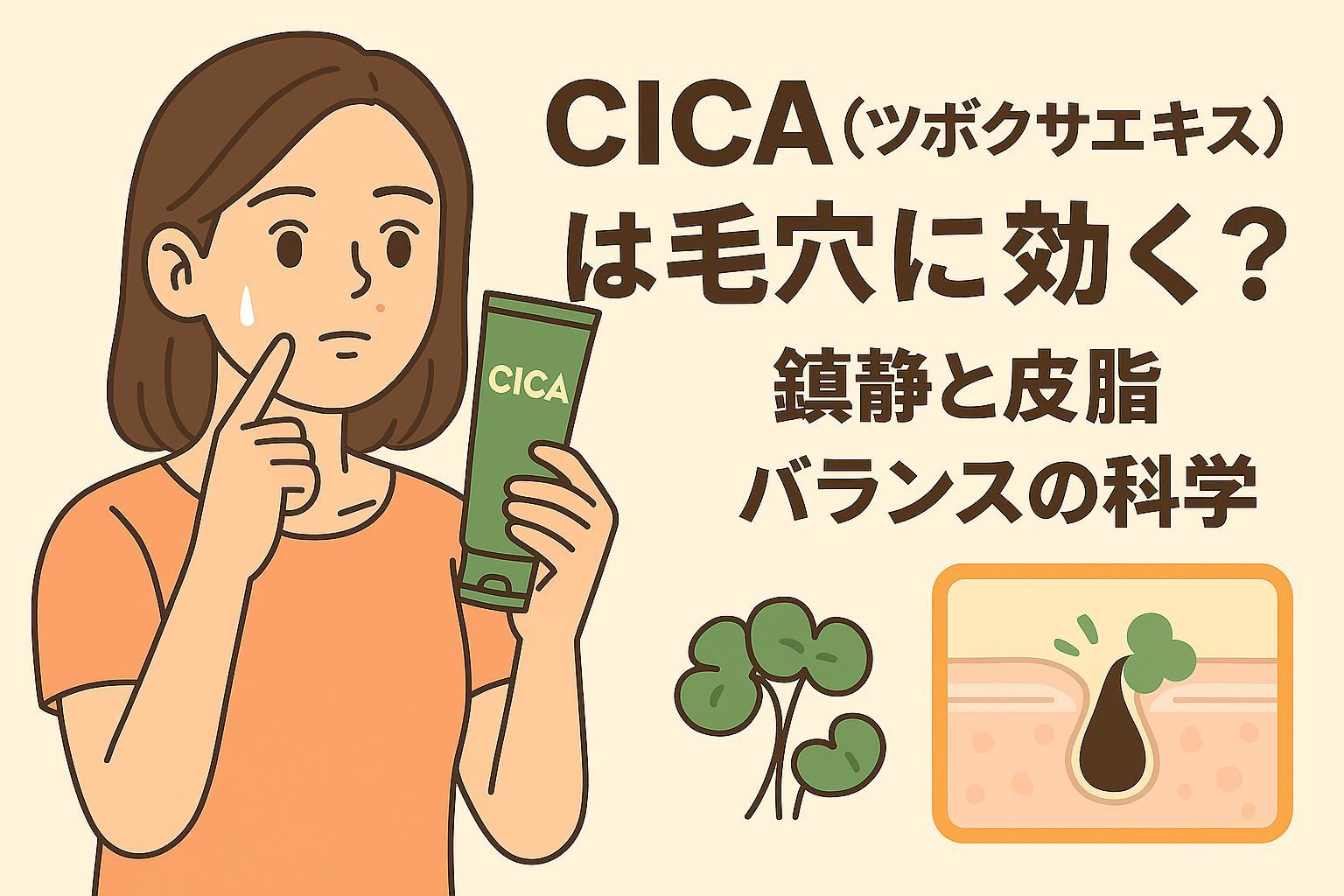 女性がCICA入りのスキンケアチューブを持ち、頬の毛穴を気にしているイラスト。右側には「CICA（ツボクサエキス）は毛穴に効く？──鎮静と皮脂バランスの科学」という文字と、毛穴の赤みが鎮まり皮脂バランスが整う様子を示す断面図が描かれている。