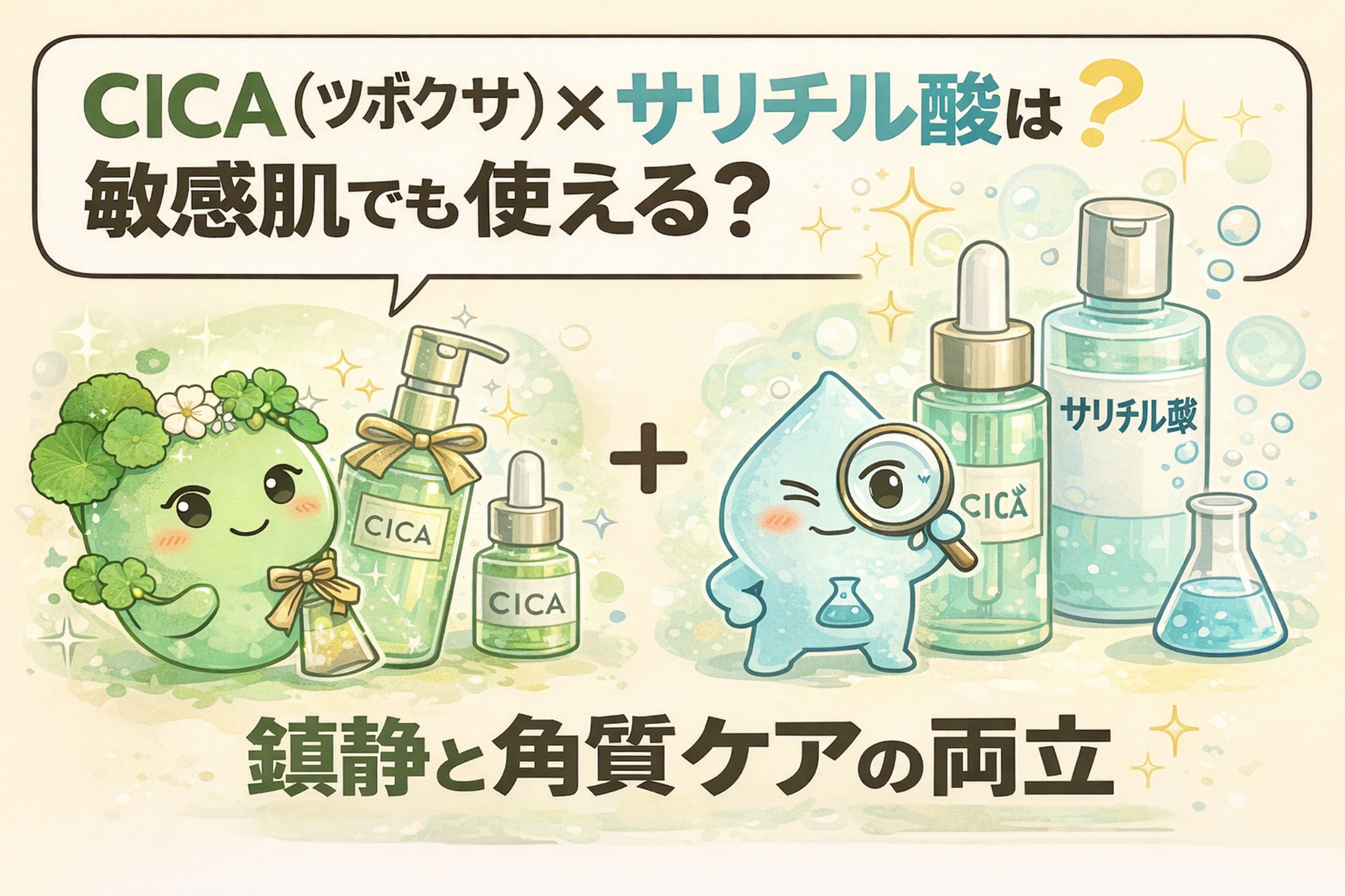 CICA（ツボクサ）とサリチル酸は敏感肌でも使えるのかを解説するイラスト。CICAによる鎮静ケアとサリチル酸による角質ケアを組み合わせる考え方を、成分の擬人化キャラクターとスキンケアボトルでやさしく説明している。