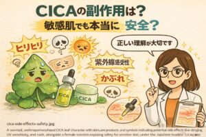 CICAの副作用と安全性について解説する図解イラスト。敏感肌でも起こり得るヒリヒリ感、紫外線感受性、かぶれなどの反応を、擬人化したCICA成分とスキンケア製品、白衣の女性の説明で分かりやすく示している。
