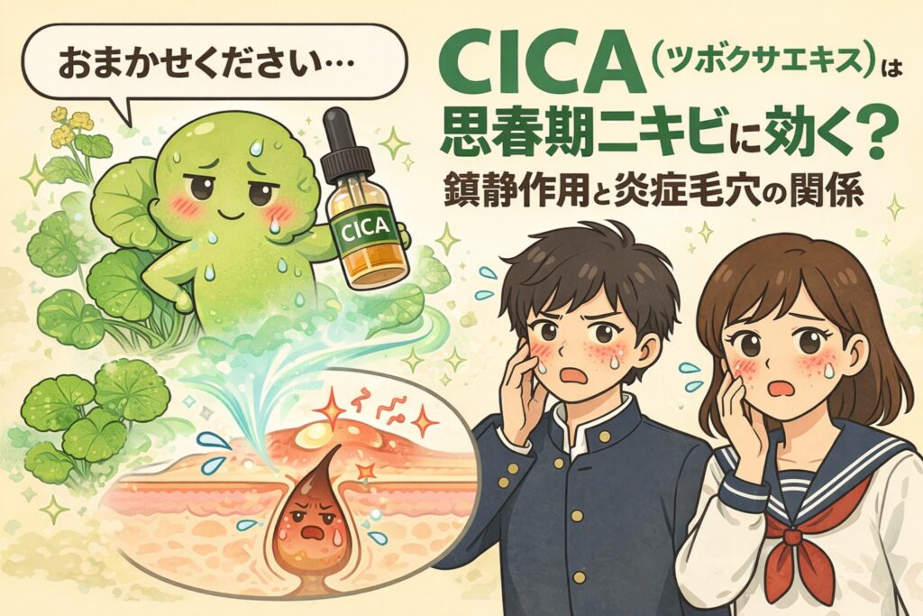CICA（ツボクサエキス）が思春期ニキビに効くかを解説する図解イラスト。CICA美容液を持ったツボクサの擬人化キャラクターが登場し、炎症を起こした毛穴を鎮静する様子が描かれている。右側には頬の赤みやニキビに悩む男子・女子学生が描写され、CICAの鎮静作用と炎症性毛穴との関係をわかりやすく伝えるビジュアル。
