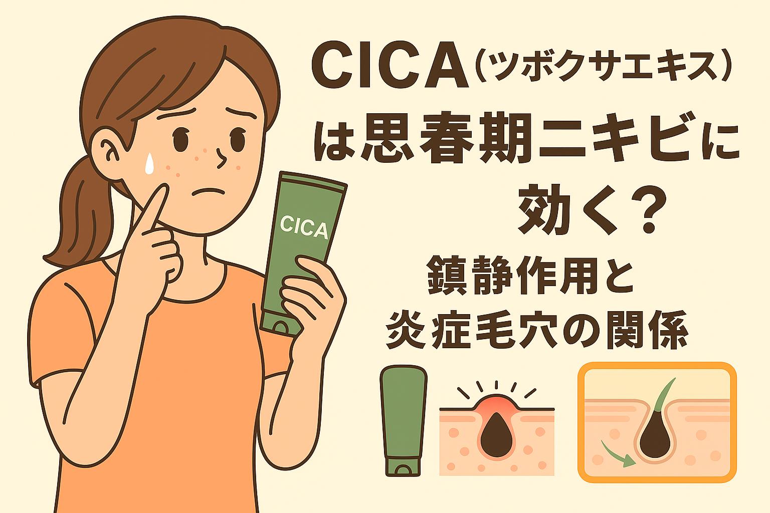 20代女性がCICA入りのスキンケアチューブを持ち、頬のニキビを気にしているイラスト。右側には「CICA（ツボクサエキス）は思春期ニキビに効く？鎮静作用と炎症毛穴の関係」という文字と、炎症した毛穴がCICAで鎮静され赤みが引く様子を示す断面図が描かれている。