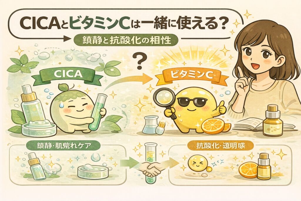 CICAとビタミンCを一緒に使えるかを解説したイラスト。鎮静・肌荒れケアを担うCICAと、抗酸化・透明感ケアを担うビタミンCの役割を対比し、併用時の相性と基本的な考え方をわかりやすく図解している。