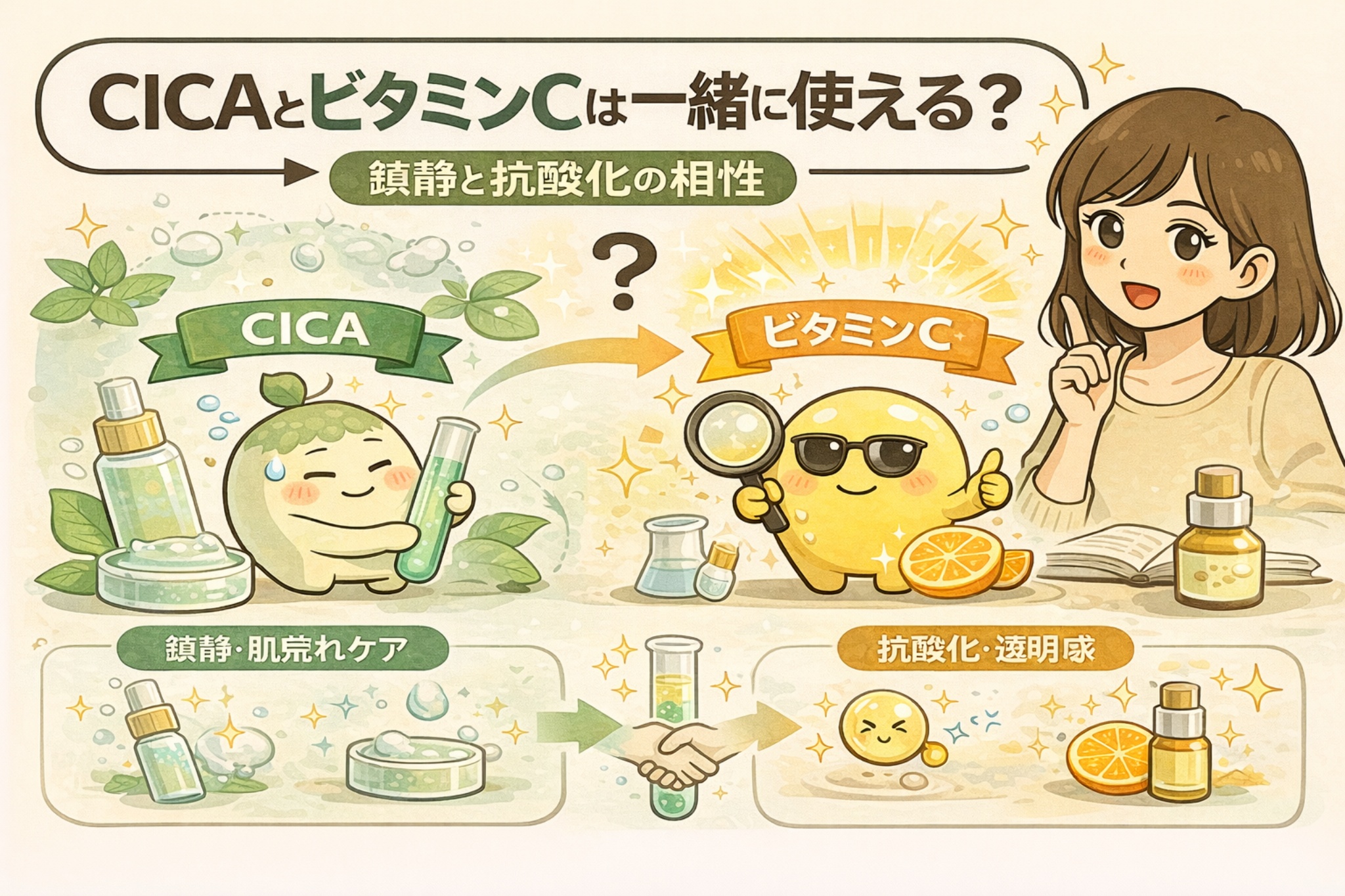 CICAとビタミンCを一緒に使えるかを解説したイラスト。鎮静・肌荒れケアを担うCICAと、抗酸化・透明感ケアを担うビタミンCの役割を対比し、併用時の相性と基本的な考え方をわかりやすく図解している。