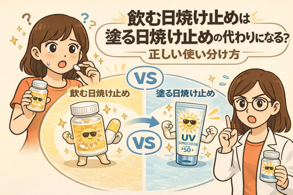 飲む日焼け止めは塗る日焼け止めの代わりになるのかを比較解説するイラスト。サプリメント型の日焼け対策とSPF50+の塗る日焼け止めを左右に分けて対比し、迷う女性と白衣の女性解説キャラクターが正しい使い分けを分かりやすく説明している。