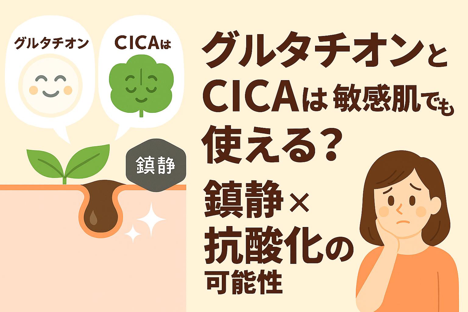 グルタチオンとCICAを擬人化したキャラクターが並び、毛穴断面に「鎮静」と「抗酸化」を示すアイコンを添えたイラスト。「敏感肌でも使える？鎮静×抗酸化の可能性」と問いかけるアイキャッチデザイン。