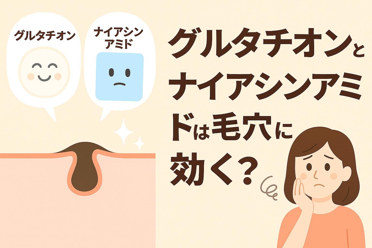 グルタチオンとナイアシンアミドを擬人化したキャラクターが並び、毛穴断面図とともに「毛穴に効く？」と問いかけるアイキャッチイラスト。女性が悩ましげに頬へ手を当てているデザイン。