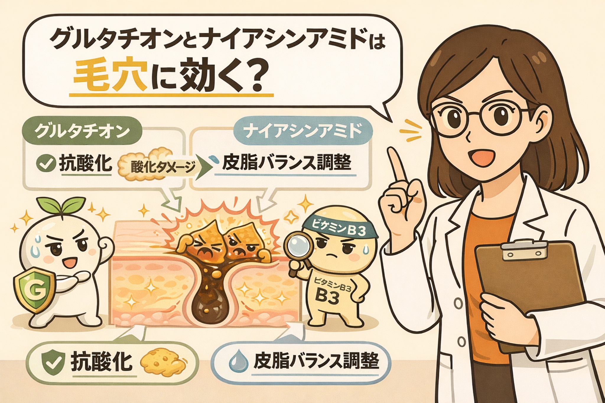 白衣と眼鏡の女性研究者が指差しで解説し、グルタチオン（抗酸化）とナイアシンアミド（皮脂バランス調整）が毛穴内部の角栓・酸化ダメージにどう作用するかを、擬人化キャラクターと断面図で示した日本風2Dフラットイラスト。