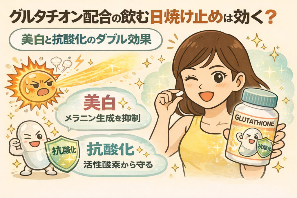 グルタチオン配合の飲む日焼け止めの働きを図解したイラスト。紫外線によるダメージに対し、美白作用（メラニン生成の抑制）と抗酸化作用（活性酸素から守る）という二つの役割を持つことを、女性と擬人化キャラクターで分かりやすく表現している。