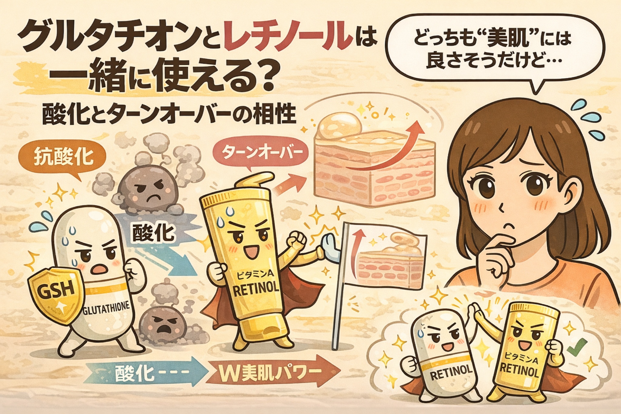 グルタチオンとレチノールを一緒に使えるかを、抗酸化作用とターンオーバー促進の相性という観点から解説した図解イラスト。グルタチオン（抗酸化）とレチノール（ビタミンA）がそれぞれの役割を持ち、併用時の考え方を擬人化キャラクターで表現している。