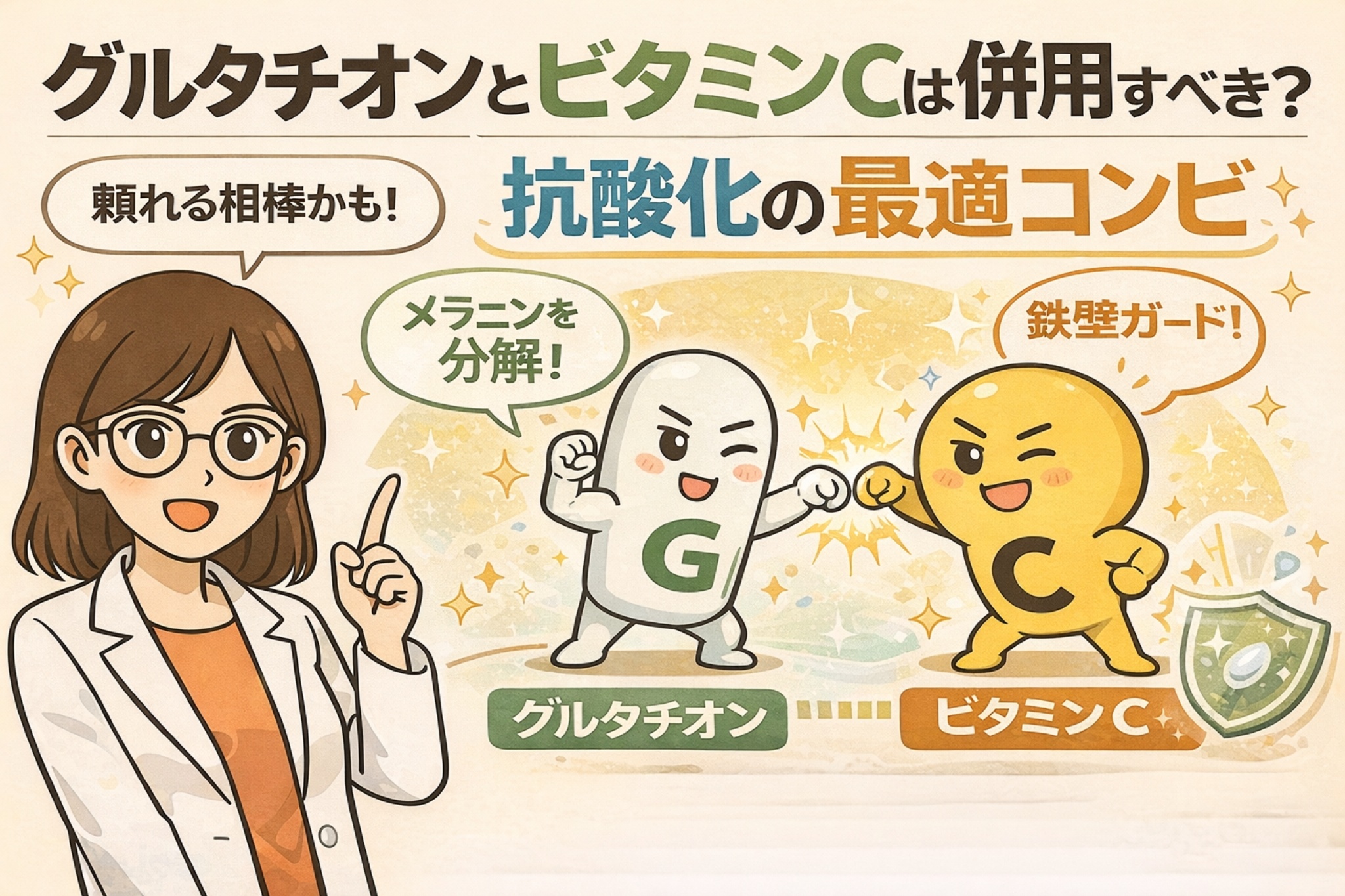 グルタチオンとビタミンCを併用すべきかを解説したイラスト。白衣と眼鏡の女性キャラクターが指差しで説明し、擬人化されたグルタチオン（G）とビタミンC（C）が拳を合わせて協力する様子が描かれている。「抗酸化の最適コンビ」「メラニンを分解」「鉄壁ガード！」といった吹き出しがあり、美白や毛穴ケアにおける相乗効果を示した淡いベージュ背景のアイキャッチ。