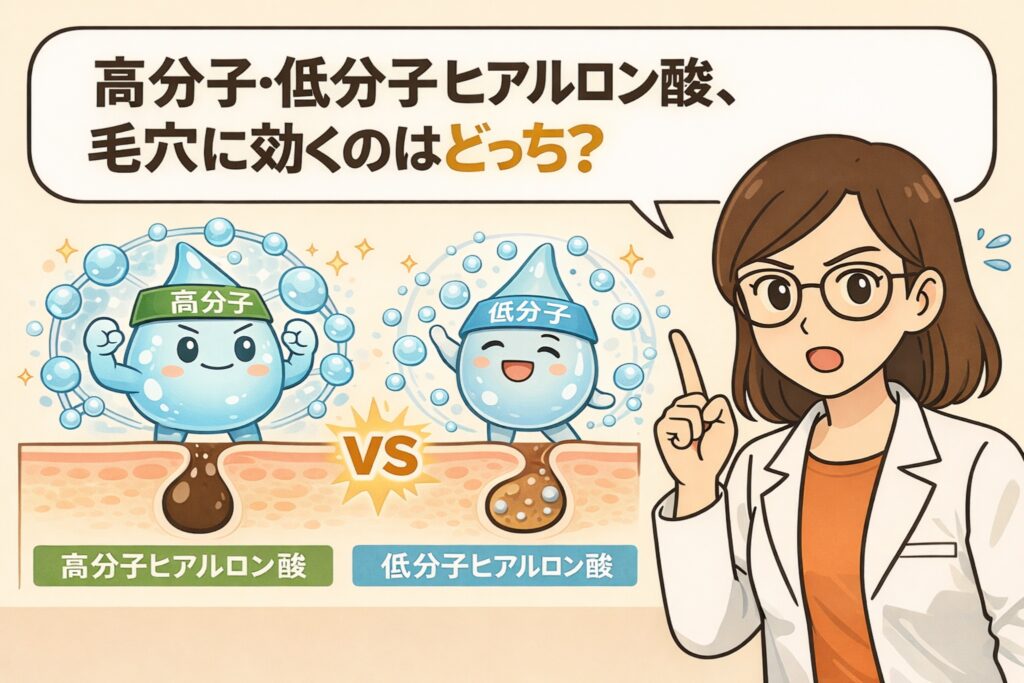 高分子ヒアルロン酸と低分子ヒアルロン酸の違いが毛穴にどう作用するかを比較したイラスト。高分子は肌表面を覆って保湿する一方、低分子は毛穴内部まで入り込みやすい特徴を、擬人化キャラクターと毛穴断面図で対比。毛穴ケアにおけるヒアルロン酸の分子サイズの考え方を、白衣を着た女性が解説している。