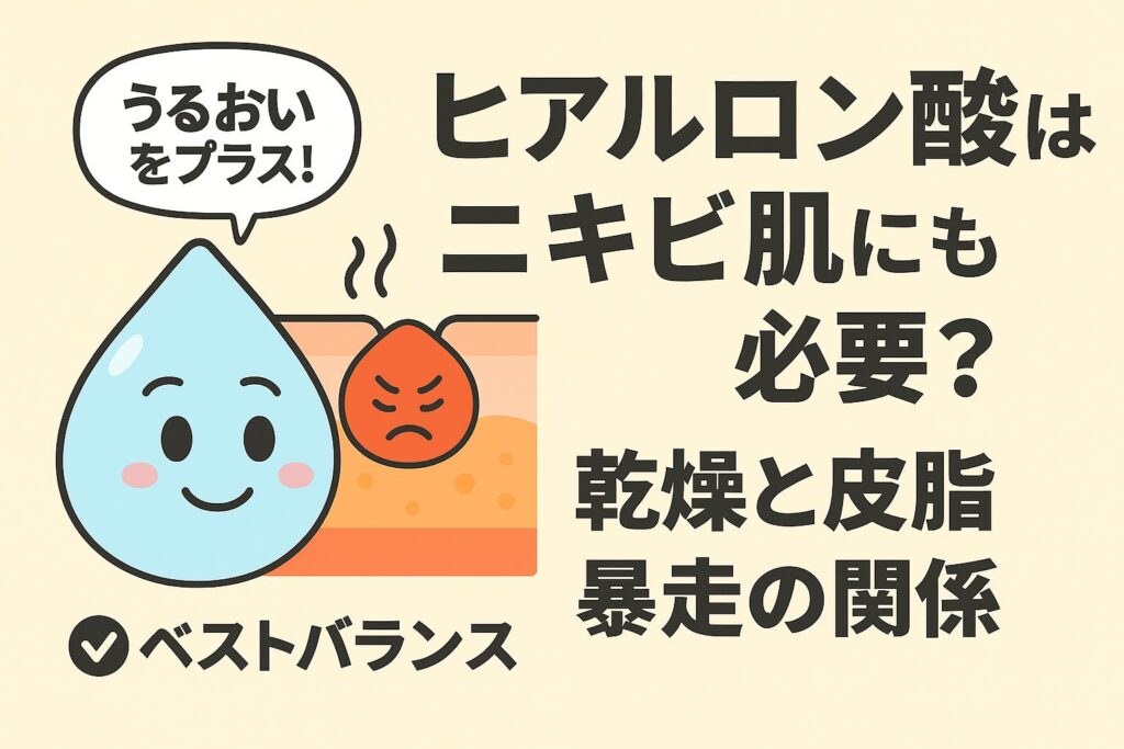 「ヒアルロン酸はニキビ肌にも必要かを解説するイラスト。水色のヒアルロン酸キャラが“うるおいをプラス！”と話し、毛穴断面図では炎症した赤いニキビキャラが描かれている。乾燥と皮脂暴走の関係を伝える日本語タイトル付き。」