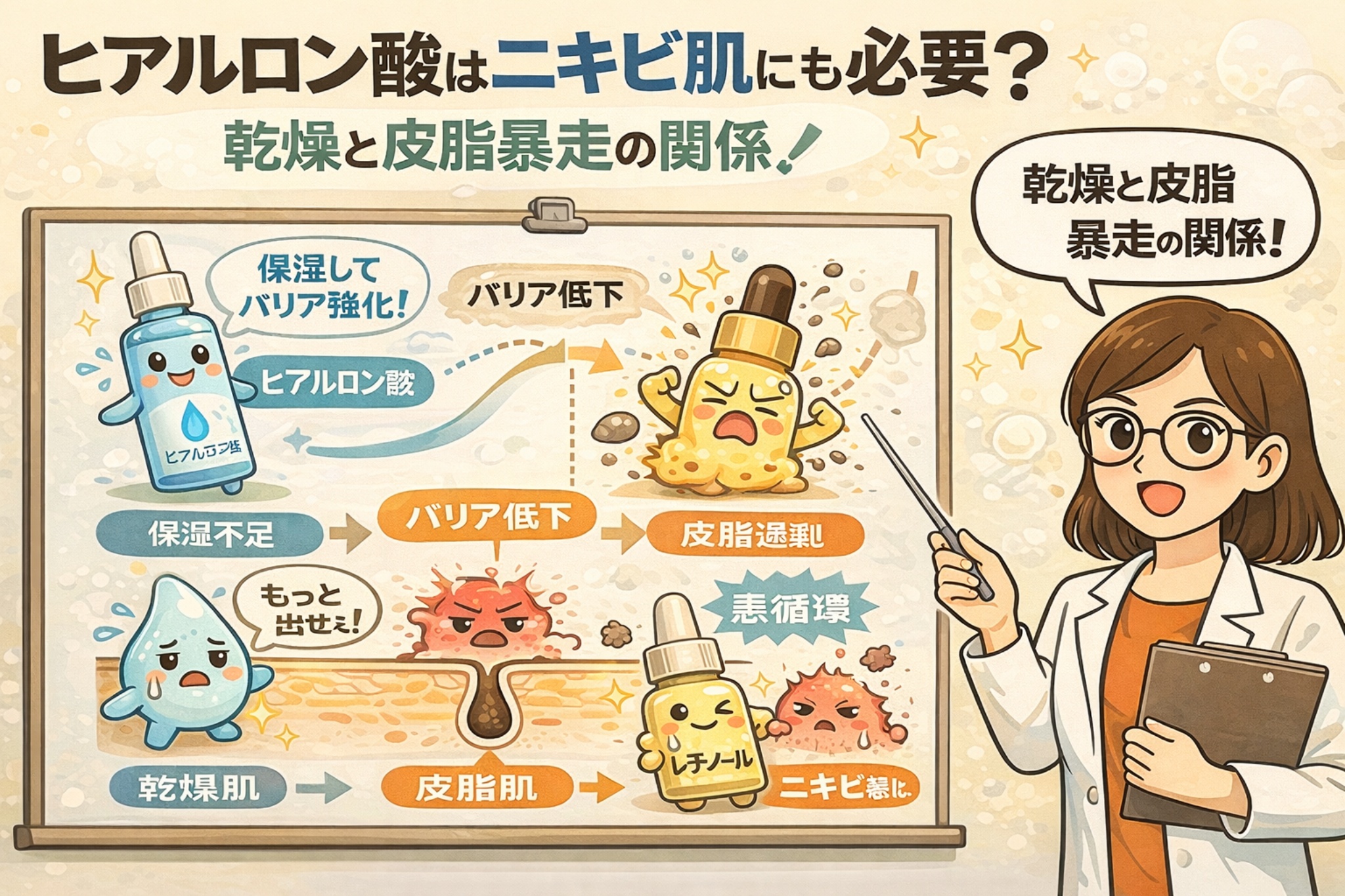 ヒアルロン酸はニキビ肌にも必要かを解説する図解イラスト。乾燥によるバリア低下が皮脂の過剰分泌やニキビ悪化につながる流れを、ヒアルロン酸による保湿とバリア強化の役割、毛穴断面図、擬人化成分キャラクター、白衣の女性解説者とともに分かりやすく説明している