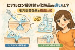 ヒアルロン酸注射とヒアルロン酸配合化粧品の違いを、毛穴断面図で比較したイラスト。注射による皮膚内部への直接アプローチと、化粧品による表面保湿の違いを示し、毛穴改善効果の仕組みを視覚的に解説している。