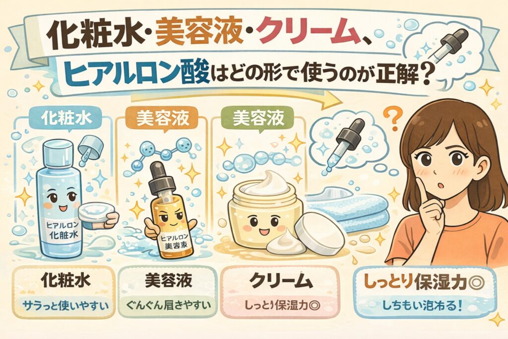 ヒアルロン酸を化粧水・美容液・クリームのどの形で使うのが適切かを比較解説したイラスト。化粧水はサラッと使いやすい、美容液はうるおいを補給しやすい、クリームはしっとり保湿力が高いという違いを、擬人化キャラクターと使用感のアイコンで分かりやすく示している。