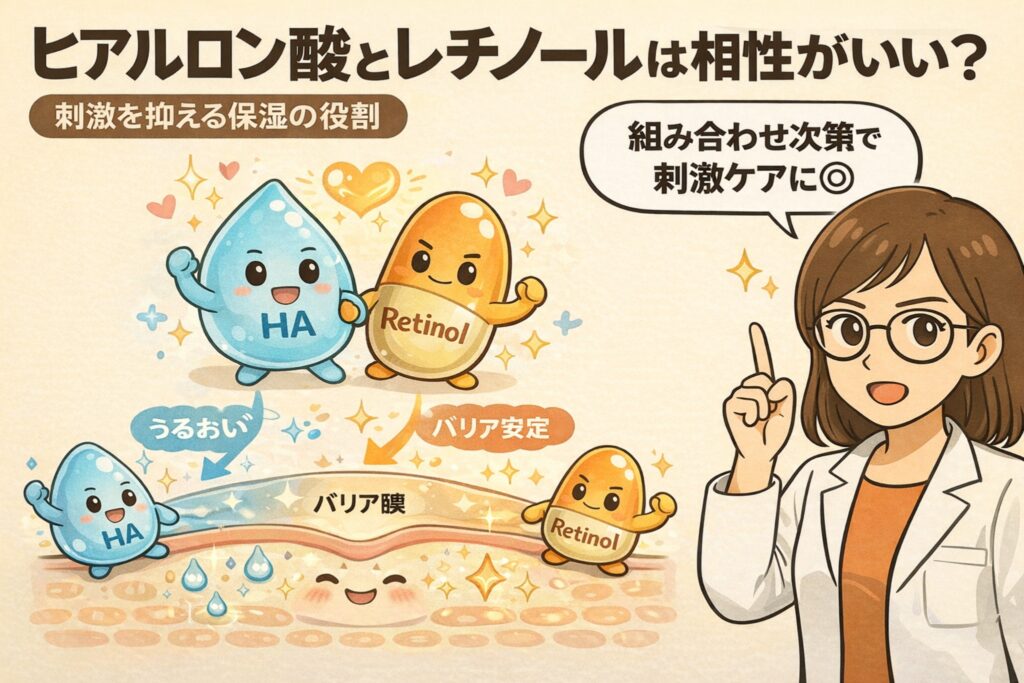 ヒアルロン酸とレチノールの相性を解説した図解イラスト。ヒアルロン酸（HA）がうるおいを補い、レチノール使用時の刺激を抑えながらバリア機能を安定させる仕組みを、擬人化キャラクターと皮膚断面図で分かりやすく示している。