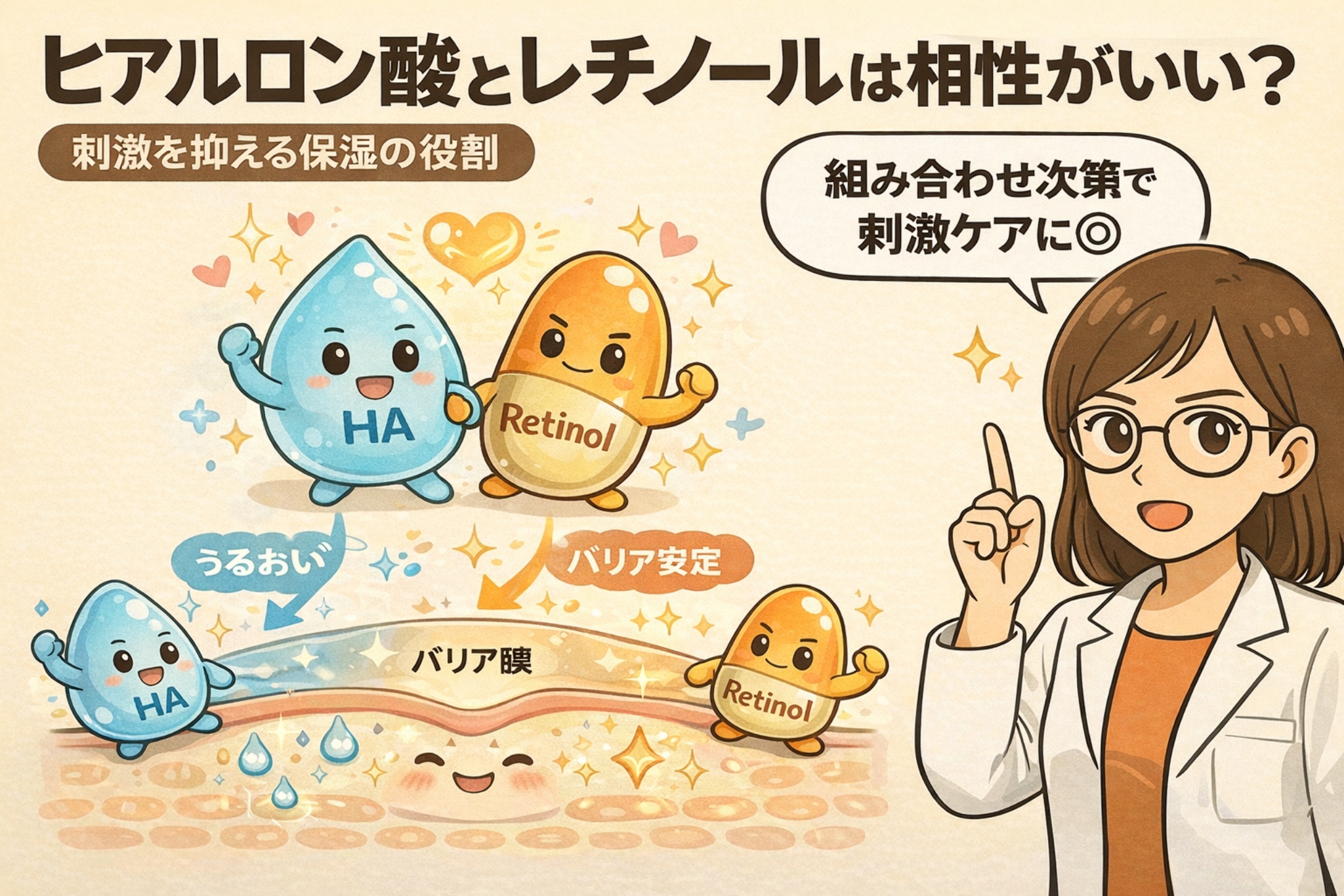 ヒアルロン酸とレチノールの相性を解説した図解イラスト。ヒアルロン酸（HA）がうるおいを補い、レチノール使用時の刺激を抑えながらバリア機能を安定させる仕組みを、擬人化キャラクターと皮膚断面図で分かりやすく示している。