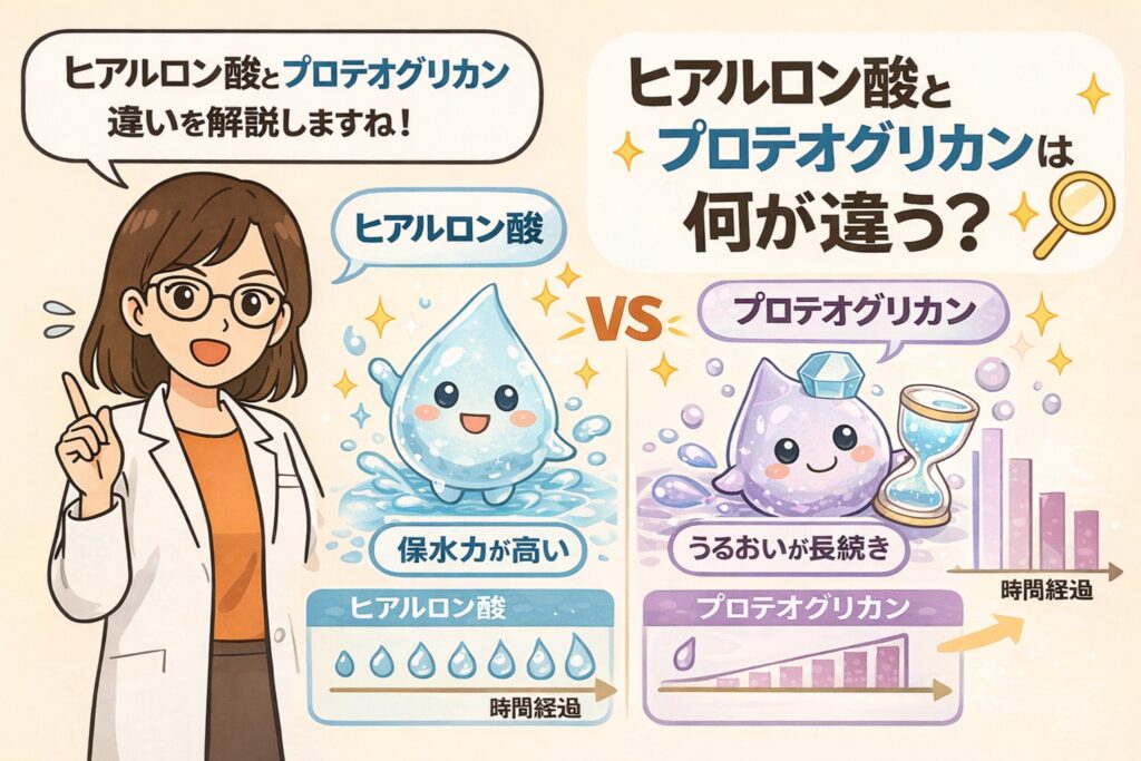 ヒアルロン酸とプロテオグリカンの違いを比較解説したイラスト。白衣と眼鏡の女性キャラクターが説明し、左側にヒアルロン酸の擬人化キャラクターと「保水力が高い」特徴、右側にプロテオグリカンの擬人化キャラクターと「うるおいが長続き」する特徴が、時間経過のグラフとともに示されている。2つの保湿成分の役割の違いがひと目で分かる淡いベージュ背景の図解アイキャッチ。