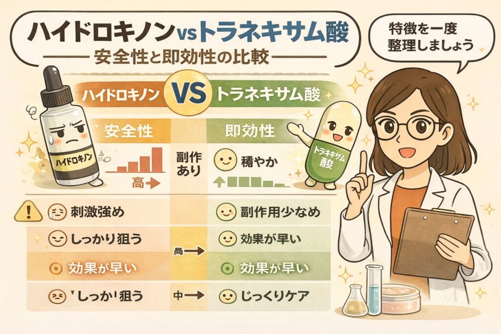 ハイドロキノンとトラネキサム酸を「安全性」と「即効性」の観点で比較した図解イラスト。ハイドロキノンは効果が早い一方で刺激や副作用のリスクがある成分として、トラネキサム酸は穏やかで副作用が少なく、継続ケア向きの成分として整理され、白衣の女性が特徴を解説している。