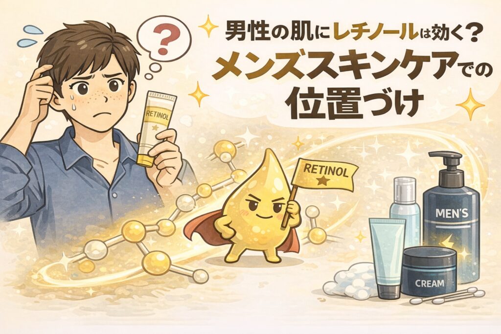 男性の肌にレチノールは効果があるのかを解説したイラスト。レチノール美容液を手に悩む男性と、ヒーローのように描かれた擬人化レチノール成分が「RETINOL」の旗を掲げて登場している。分子構造のイメージや、メンズ向けスキンケアアイテムとともに、メンズスキンケアにおけるレチノールの位置づけを分かりやすく示した淡いベージュ背景のアイキャッチ。