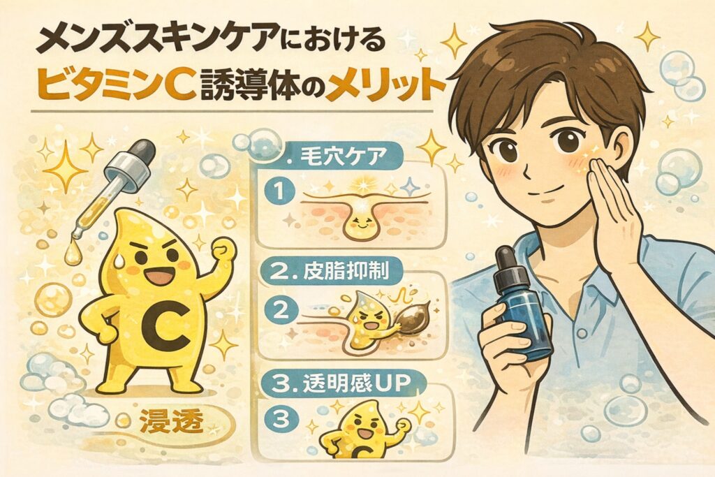 メンズスキンケアにおけるビタミンC誘導体のメリットを解説した図解イラスト。毛穴ケア、皮脂抑制、透明感アップの3つの効果を、キャラクターと毛穴断面図を使って分かりやすく示している。
