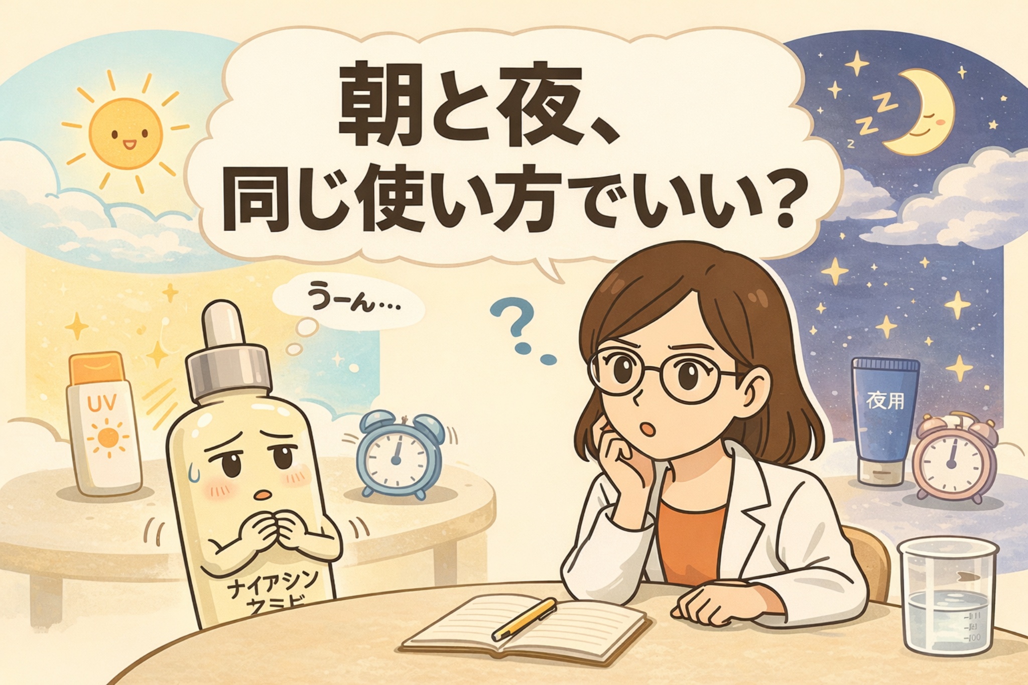 スキンケアは朝と夜で同じ使い方をしてよいのかを考える図解イラスト。左側は朝のシーンで、太陽とUVケア用品が描かれ、ナイアシンアミドのボトルが不安そうな表情をしている。右側は夜のシーンで、月と夜用スキンケアアイテム、時計が配置されている。中央には白衣を着た専門家の女性がノートを前に考え込む姿で、「朝と夜、同じ使い方でいい？」という問いが提示されている。時間帯によって役割や注意点が変わる可能性を、朝夜の対比で分かりやすく表現している。