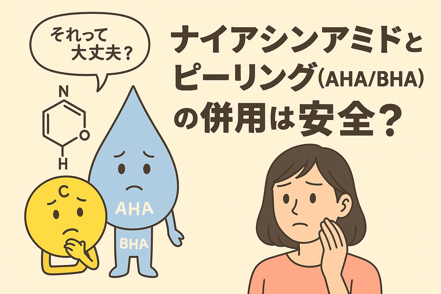 「ナイアシンアミドとピーリング（AHA/BHA）の併用は安全？」をテーマにしたイラスト。20代女性が不安そうに頬に手を当てている。左にはナイアシンアミドとAHA/BHAを擬人化したキャラクターが並び、吹き出しで「それって大丈夫？」と問いかけている。背景は淡いベージュ、右側に大きな日本語タイトル。