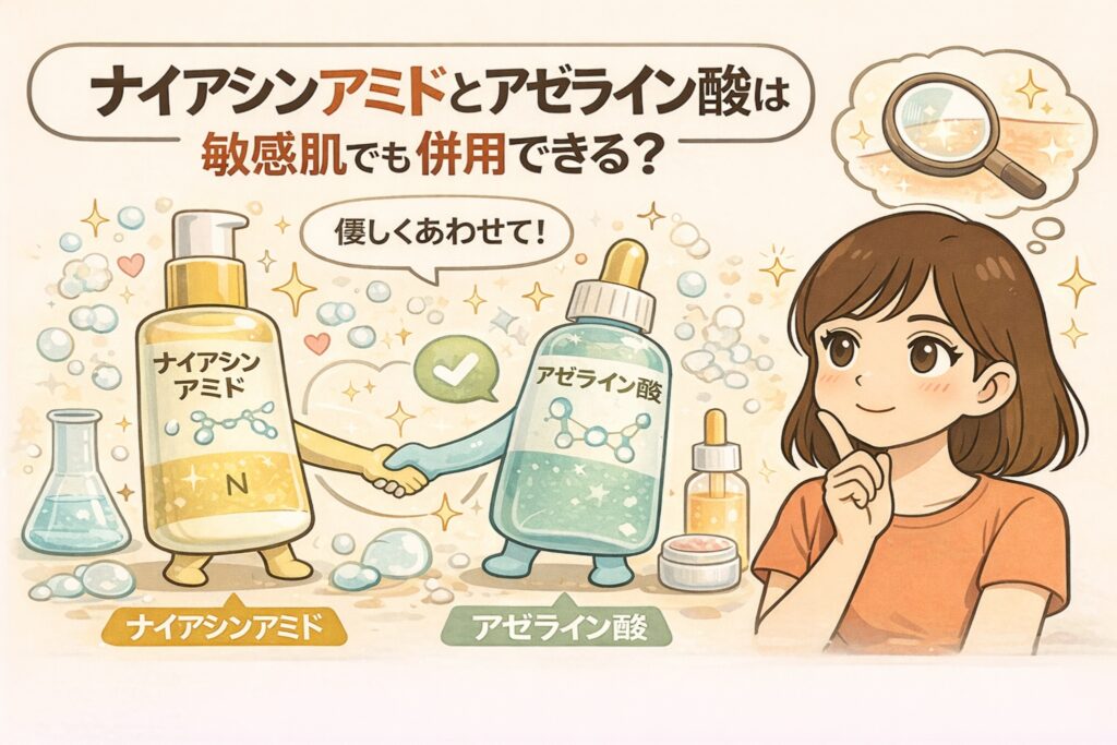 ナイアシンアミドとアゼライン酸が敏感肌でも併用しやすいかを解説したイラスト。2つの成分がやさしく組み合わさるイメージを用い、刺激を抑えながら肌環境を整える考え方を、キャラクターと図解でわかりやすく示している。